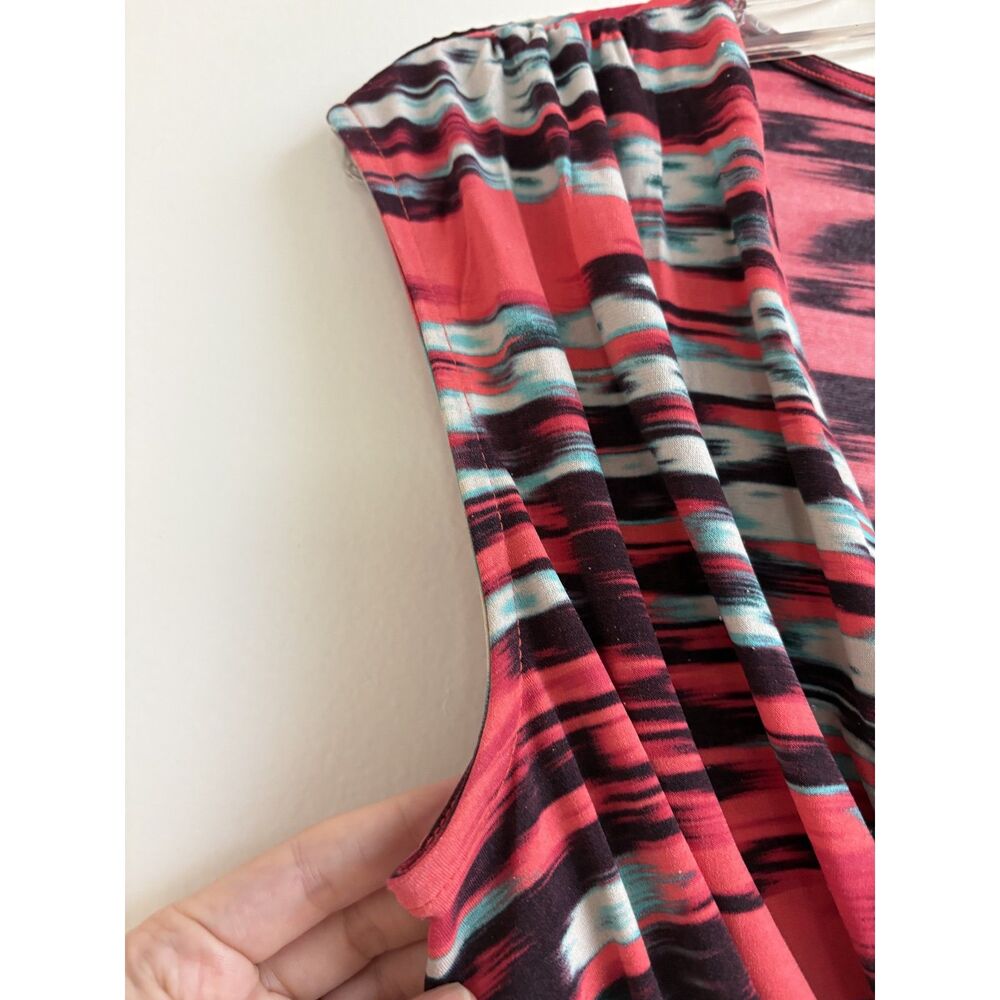 Attention Y2K Ikat Babydoll Sleeveless Top Red Purple Slinky Ruched V Neck Small - Picture 5 of 7